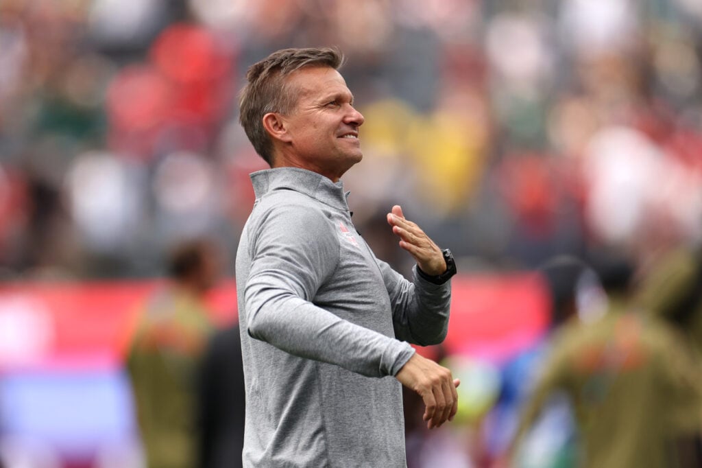 esse Marsch, Head Coach of Canada, celebrates after the team's victory and his side's progression to the Round of 16 after the FIFA World Cup 2026 Round Of 32 match between South Africa and Canada.