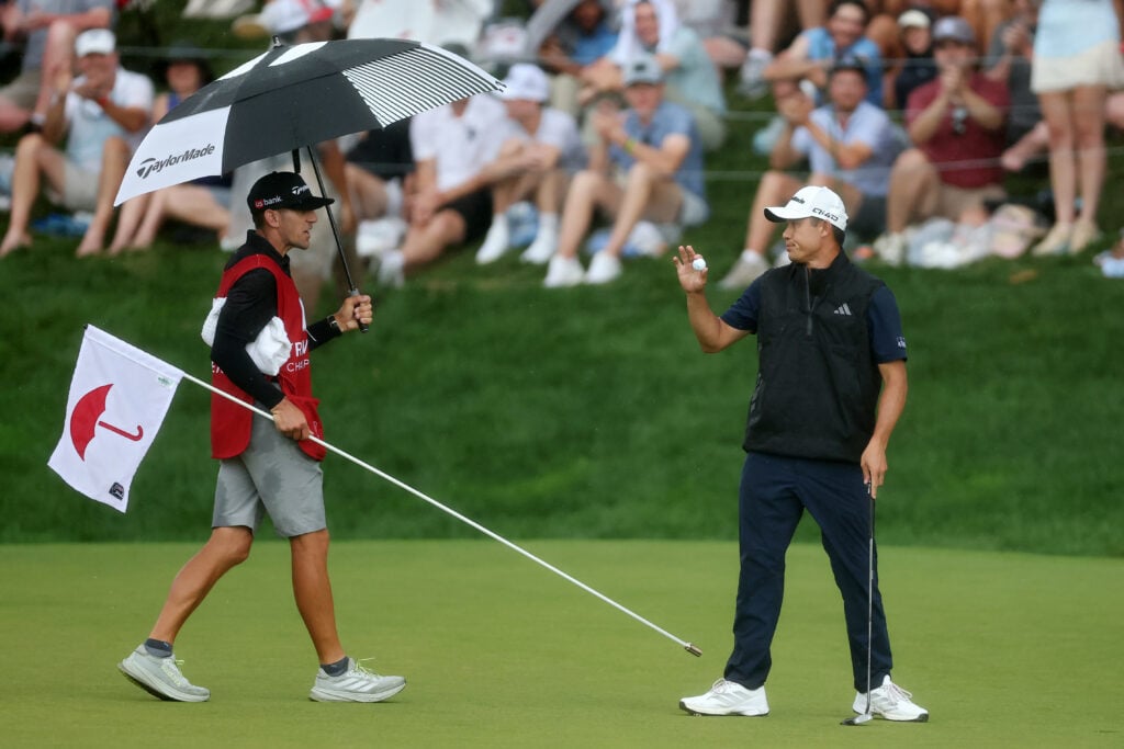 Collin Morikawa reacts after making birdie on the 18th during the final round of the Travelers Championship at TPC River Highlands