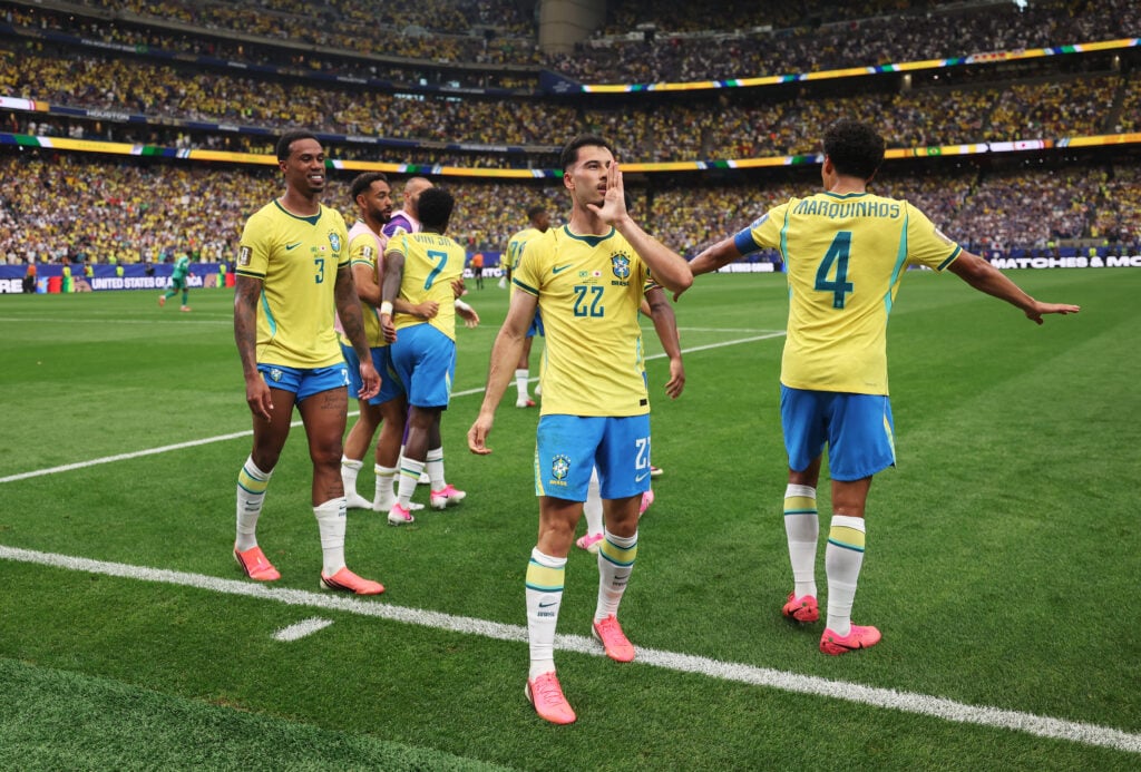 Gabriel Martinelli #22 of Brazil celebrates with teammates after scoring the team's second goal during the FIFA World Cup 2026 Round Of 32 match between Brazil and Japan at Houston Stadium
