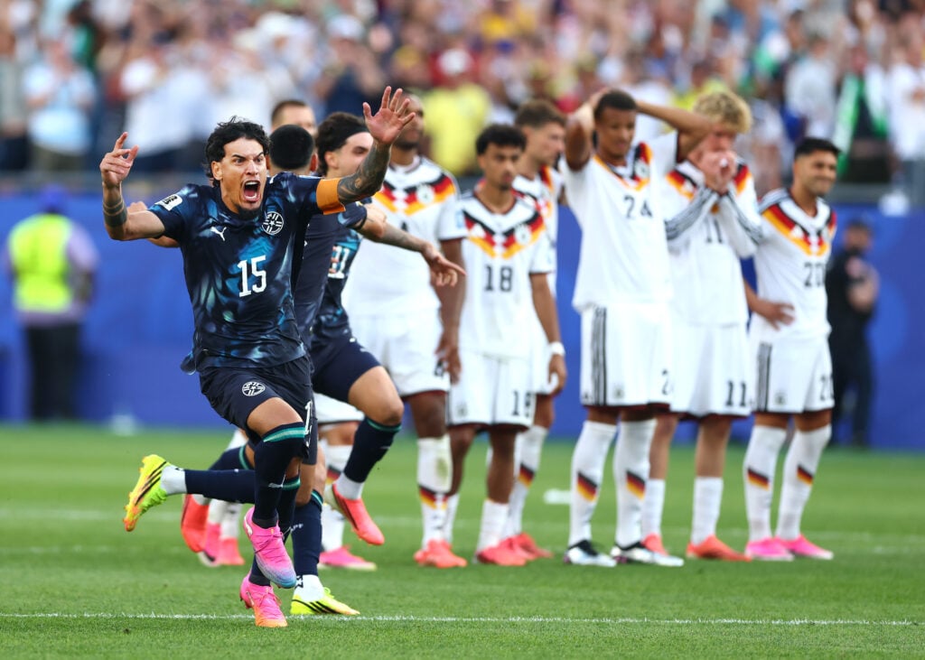 Gustavo Gomez #15 of Paraguay celebrates after Jose Canale #13 scores the winning penalty in a penalty shootout during the FIFA World Cup 2026 Round Of 32 match between Germany and Paraguay at Boston Stadium on June 29, 2026 in Foxborough, Massachusetts.