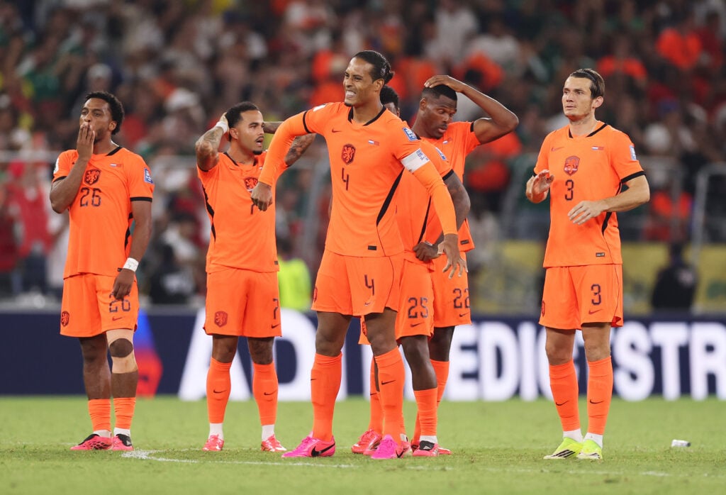 Virgil van Dijk #4 and players of the Netherlands show dejection after their defeat through the penalty shootout during the FIFA World Cup 2026 Round of 32 match between Netherlands and Morocco at Monterrey Stadium on June 29, 2026 in Guadalupe, Mexico.