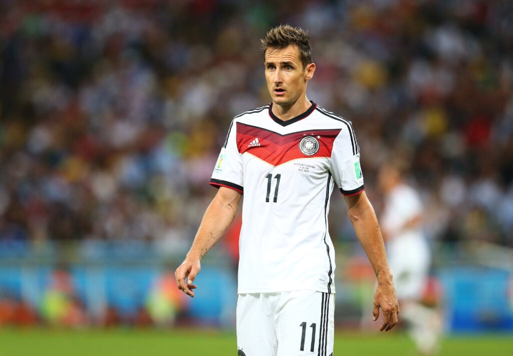Miroslav Klose playing for Germany against Argentina in the 2014 World Cup.