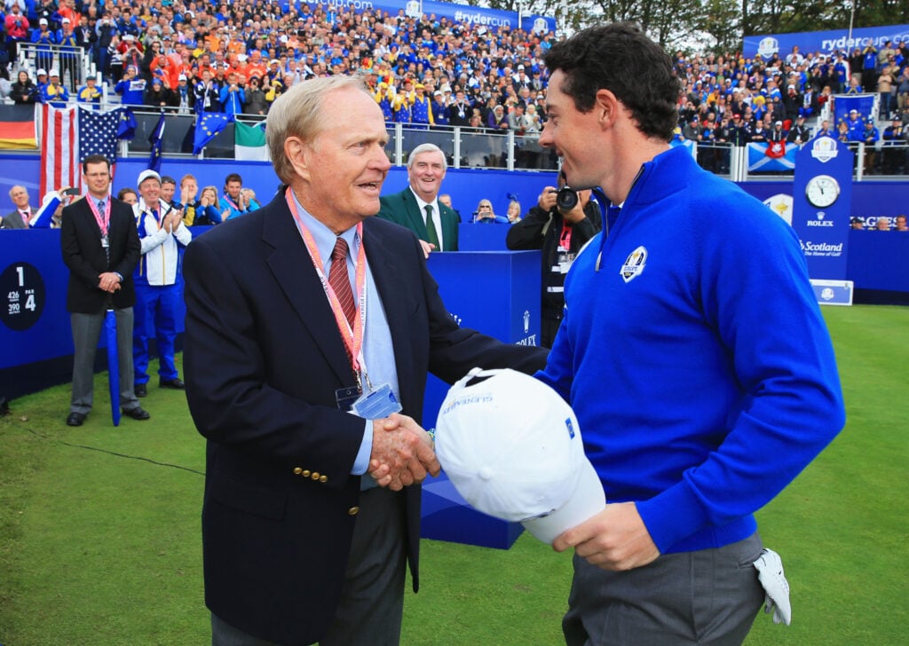 Rory McIlroy of Europe shakes with Jack Nicklaus of the United States on the 1st tee during the Singles Matches of the 2014 Ryder Cup on the PGA Centenary course at the Gleneagles Hotel
