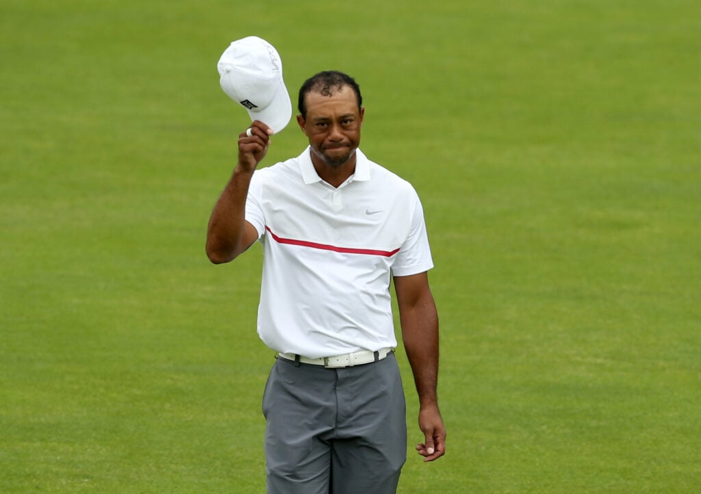 Tiger Woods acknowledges the crowd during the third round of the Memorial Tournament