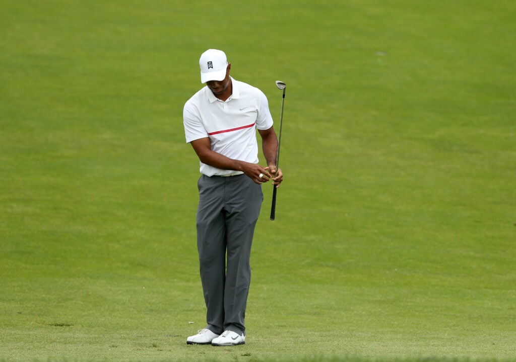 Tiger Woods looks disappointed during the third round of the Memorial Tournament in 2015