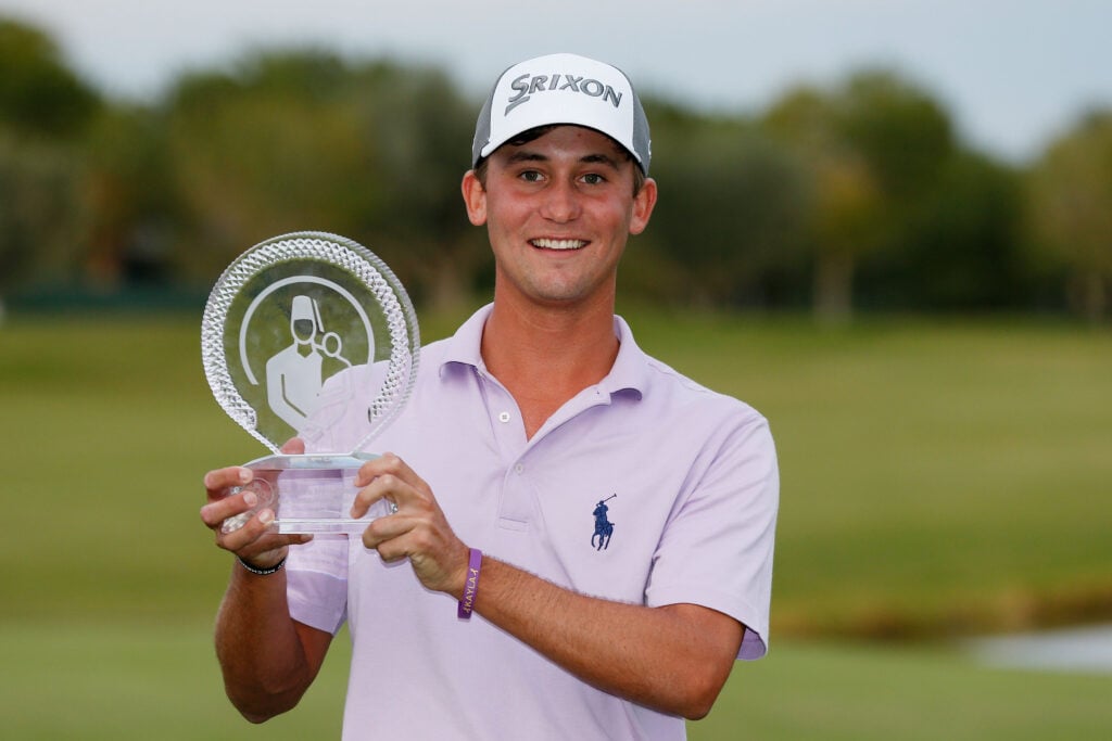 Smylie Kaufman celebrates with the trophy after winning the final round of the Shriners Hospitals For Children Open