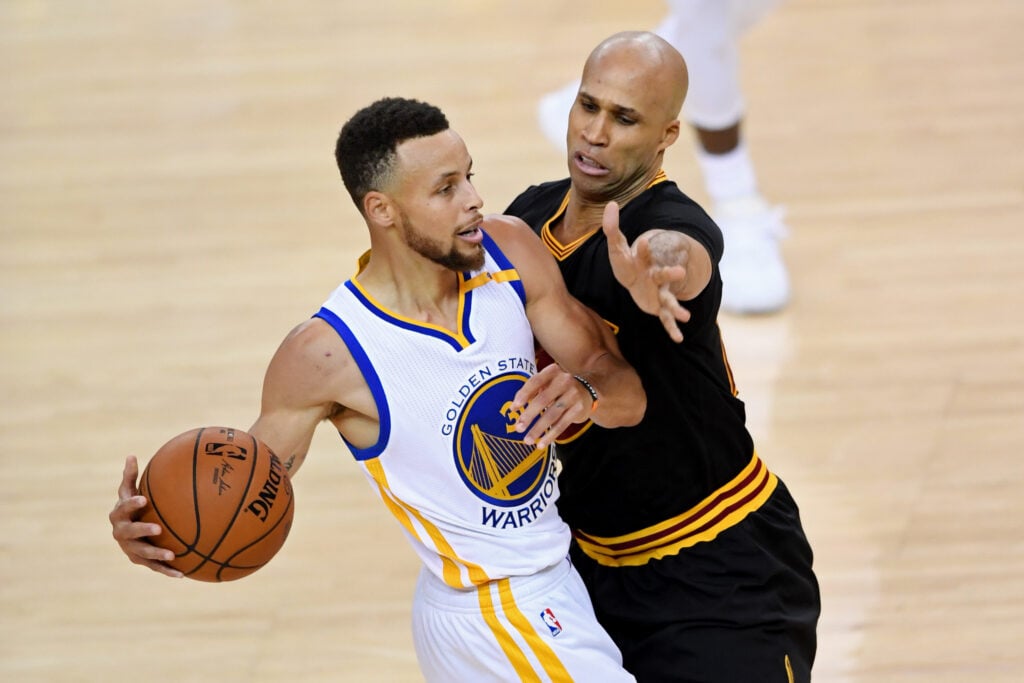 Stephen Curry #30 of the Golden State Warriors is defended by Richard Jefferson #24 of the Cleveland Cavaliers during the first half in Game 5 of the 2017 NBA Finals at ORACLE Arena.