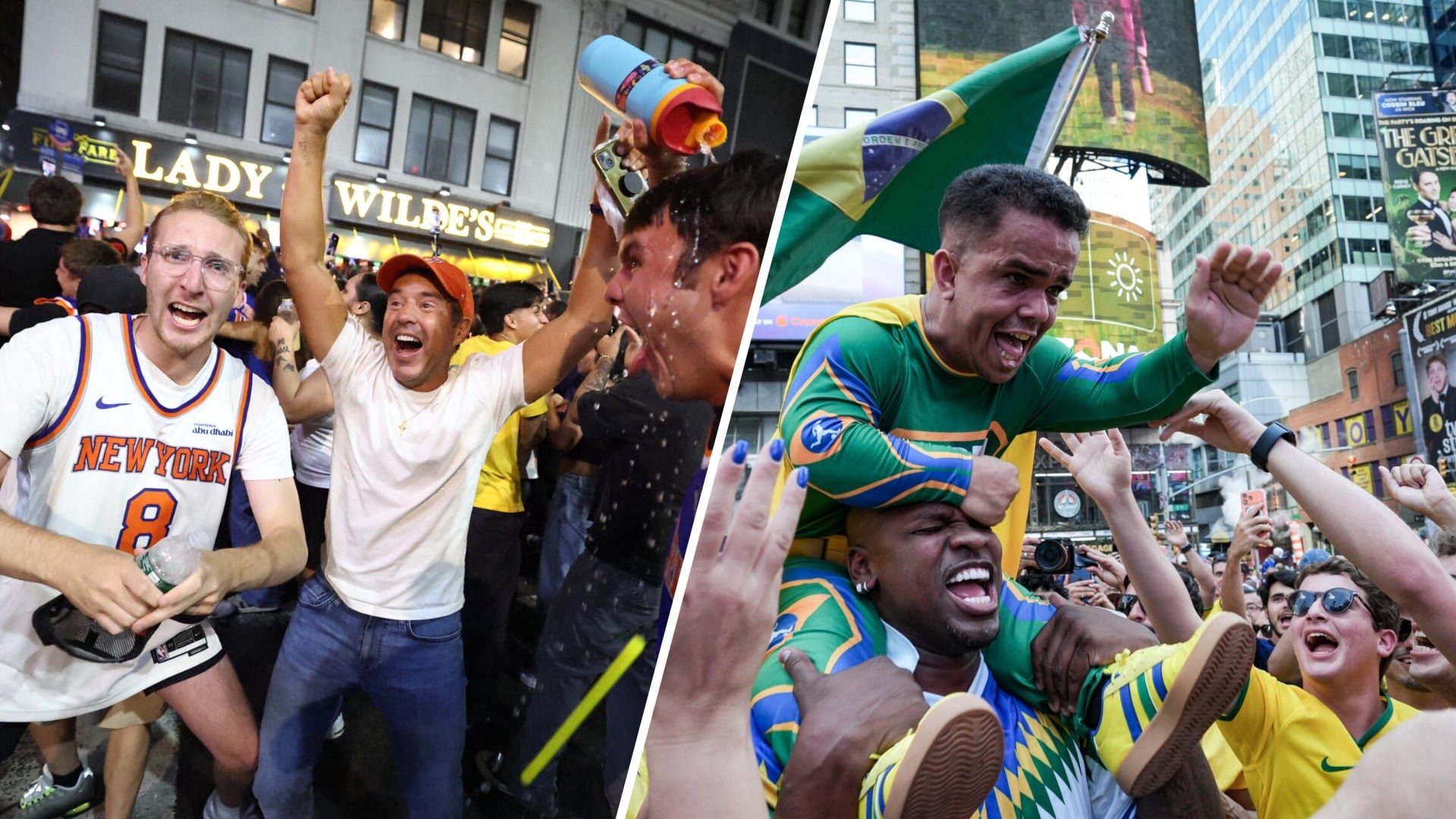New York Knicks fans and Brazil World Cup soccer fans partying in Manhattan