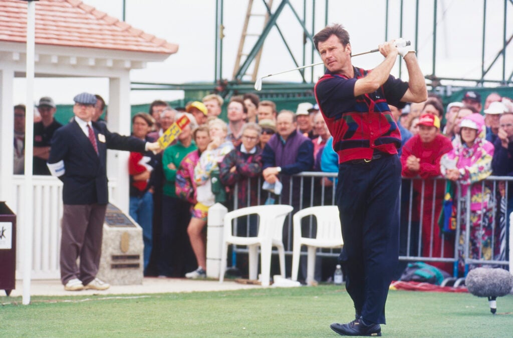 Nick Faldo tees off on the first hole at Turnberry during the 1994 Open Championship