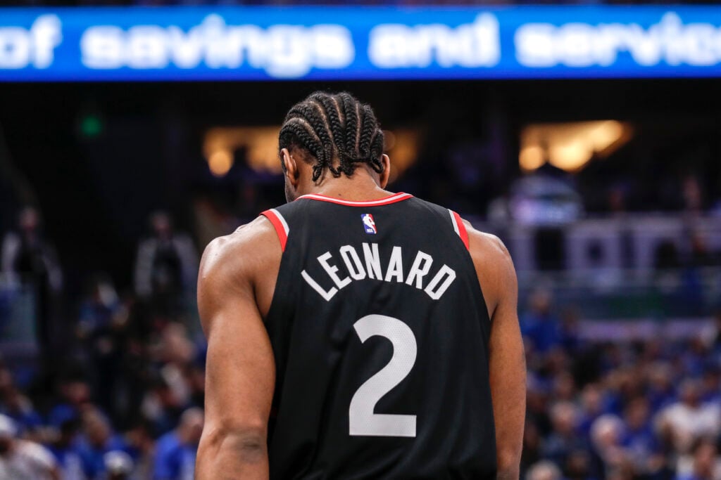 Kawhi Leonard #2 of the Toronto Raptors against the Orlando Magic during Game Three of the first round of the 2019 NBA Eastern Conference Playoffs at the Amway Center on April 19, 2019 in Orlando, Florida. The Raptors defeated the Magic 98 to 93.