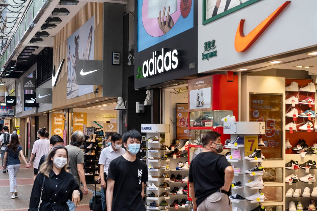 Multinational sports clothing brands Adidas, Puma and Nike