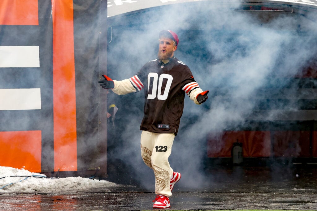 Dawg Pound Captain Jake Paul is introduced to the fans prior to the National Football League game between the New Orleans Saints and Cleveland Browns on December 24, 2022, at FirstEnergy Stadium in Cleveland, OH.