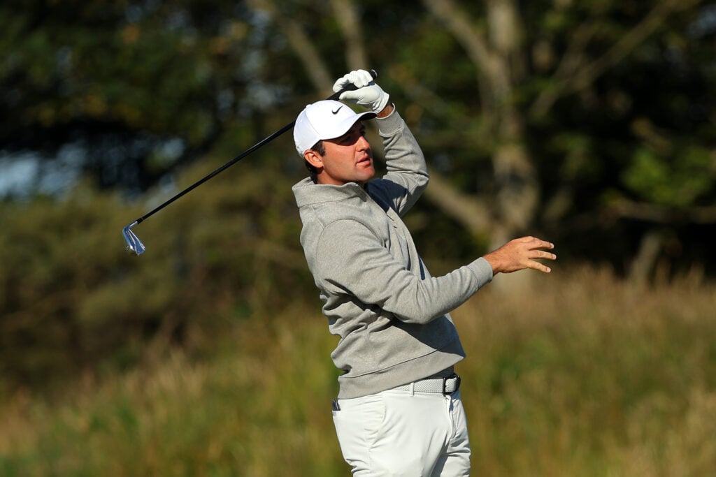 Scottie Scheffler reacts to his second shot on the 10th hole during the first round of the Scottish Open