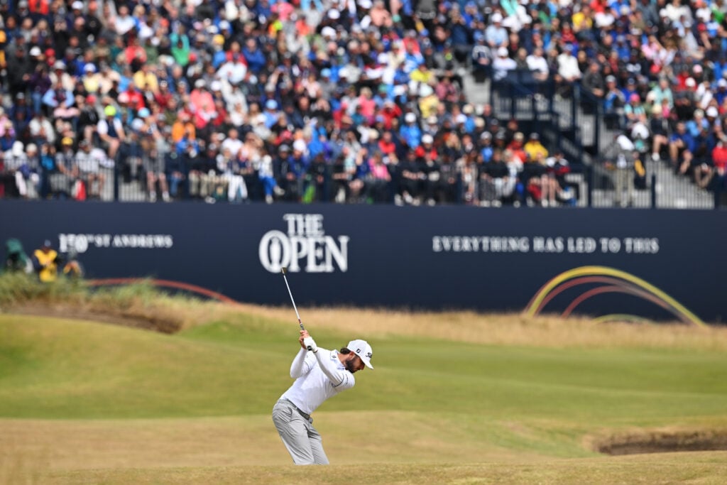 Max Homa of the United States plays their second shot on the 7th hole during Day Two of The 150th Open at St Andrews Old Course