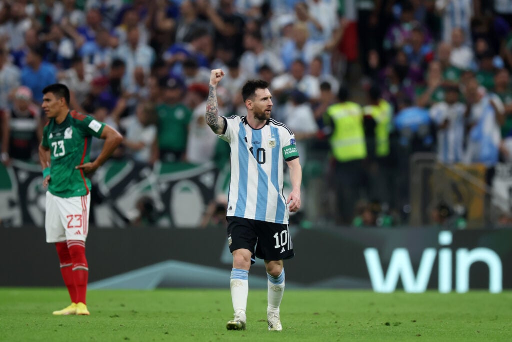 Lionel Messi of Argentina celebrates scoring their team's first goal during the FIFA World Cup Qatar 2022 Group C match between Argentina and Mexico at Lusail Stadium on November 26, 2022 in Lusail City, Qatar.