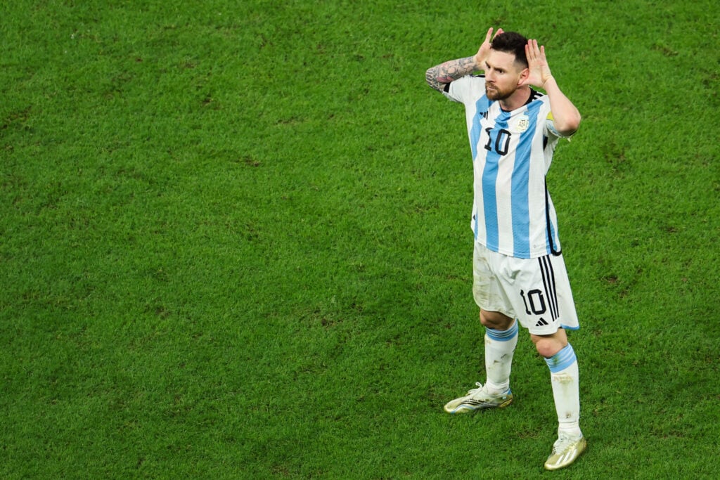 Lionel Messi #10 of Argentina celebrates after scoring his team's second goal with a penalty during the FIFA World Cup Qatar 2022 quarter final match between Netherlands and Argentina at Lusail Stadium on December 9, 2022