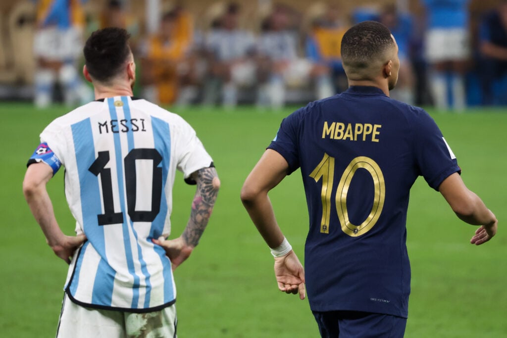 A view of Lionel Messi #10 of Argentina and Kylian Mbappe #10 of France back during the FIFA World Cup Qatar 2022 Final.