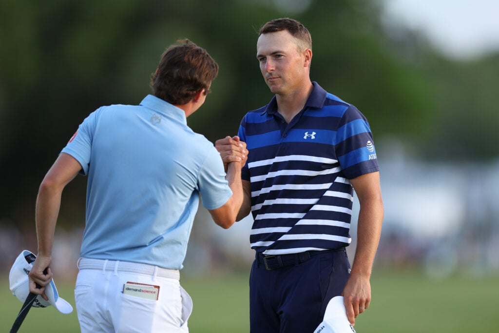 Matt Fitzpatrick and Jordan Spieth shake hands after the third playoff hole during the final round of the RBC Heritage at Harbour Town