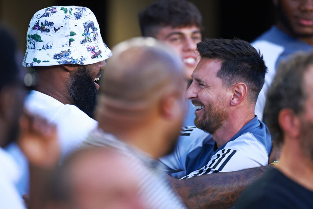 NBA player LeBron James of the Los Angeles Lakers talks with Lionel Messi #10 of Inter Miami CF prior to the Leagues Cup 2023 match between Cruz Azul and Inter Miami CF at DRV PNK Stadium on July 21, 2023 in Fort Lauderdale, Florida.