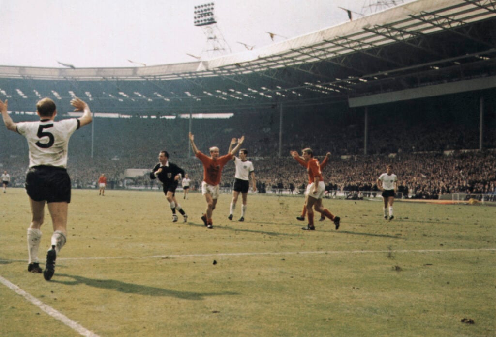 Geoff Hurst scores at the 1966 World Cup Final