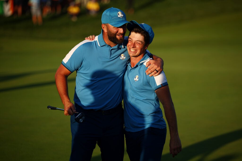 Jon Rahm and Viktor Hovland celebrate during the Friday afternoon fourball matches of the 2023 Ryder Cup at Marco Simone