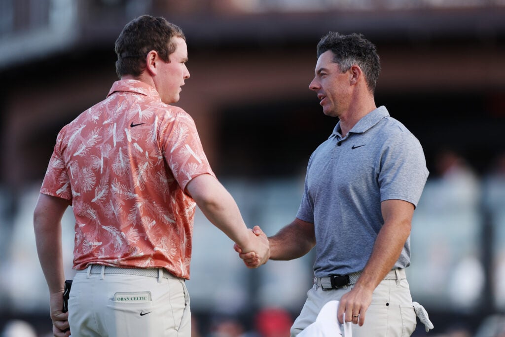 Rory McIlroy and Robert MacIntyre shake hands after the second round of the Scottish Open