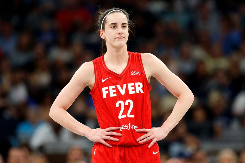 Caitlin Clark #22 of the Indiana Fever looks on against the Minnesota Lynx in the first quarter at Target Center.
