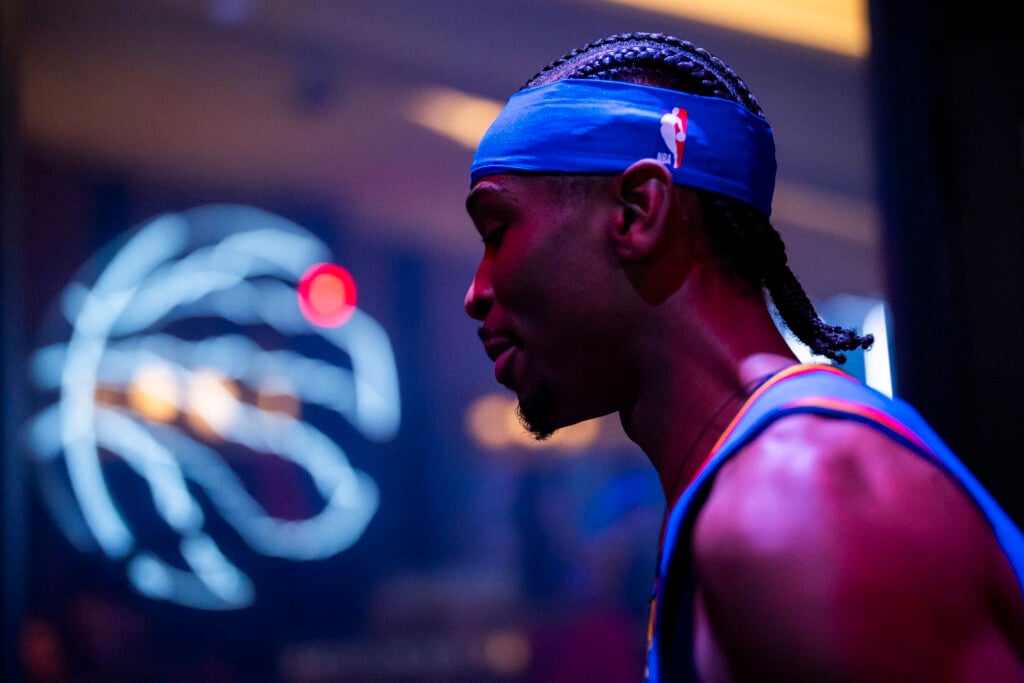 Shai Gilgeous-Alexander #2 of the Oklahoma City Thunder walks to the locker room after defeating the Toronto Raptors at Scotiabank Arena on December 5, 2024 in Toronto, Ontario, Canada.
