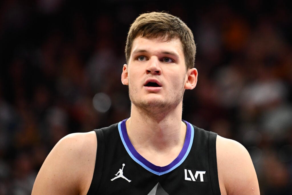 Walker Kessler #24 of the Utah Jazz looks on during the first half of a game against the Houston Rockets at Delta Center.