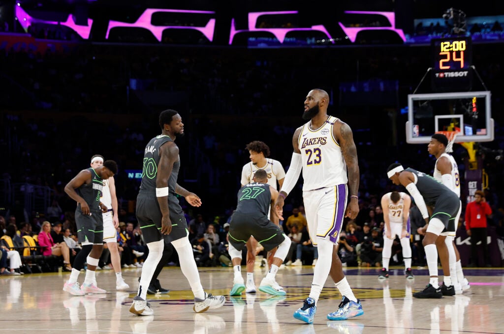 LeBron James #23 of the Los Angeles Lakers before play against the Minnesota Timberwolves in Game One of the Western Conference First Round NBA Playoffs at Crypto.com Arena on April 19, 2025
