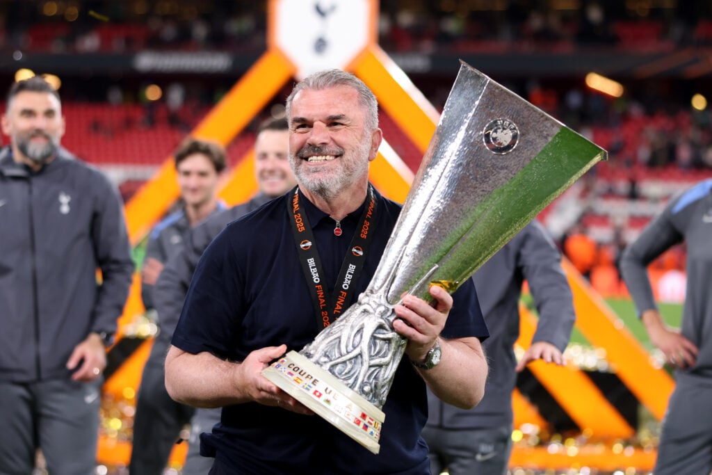Ange Postecoglou, Manager of Tottenham Hotspur, celebrates with the UEFA Europa League trophy after his team's victory in the UEFA Europa League Final 2025 between Tottenham Hotspur and Manchester United.