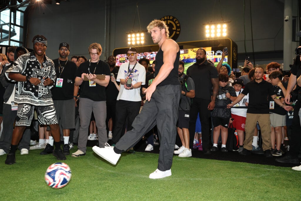 Logan Paul participates in the FIFA Soccer Challenge during Fanatics Fest 2025 at The Javits Center on June 22, 2025 in New York City, New York.