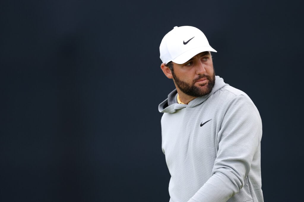 Scottie Scheffler of the United States looks on from the 16th green during day two of The 153rd Open Championship at Royal Portrush Golf Club