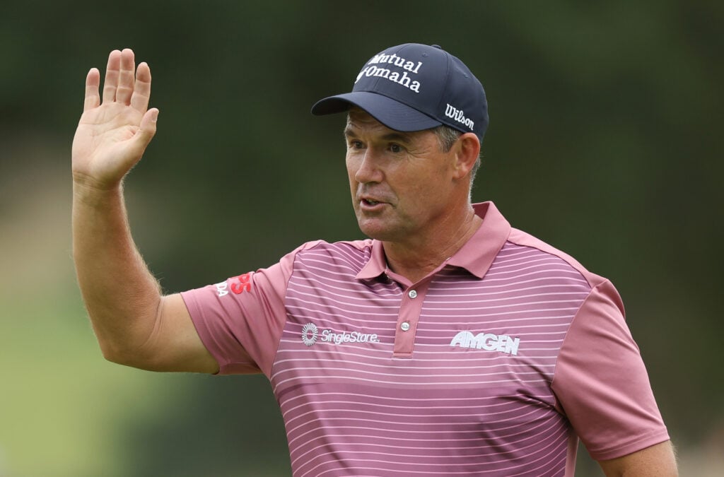 Pádraig Harrington of Ireland in action during the fourth round of the ISPS HANDA Senior Open 2025 at Sunningdale Golf Club