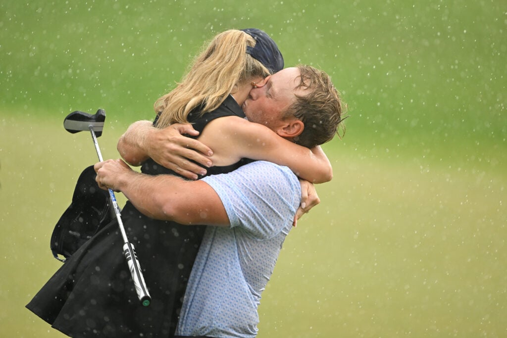 Brad Dalke reacts on the 18th green during the 2025 Tour Championship Creator Classic, presented by YouTube, prior to TOUR Championship