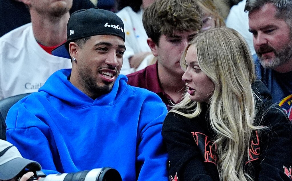 Indiana Pacers guard Tyrese Haliburton and his fiancé Jade Jones watch the Seattle Storm play against the Indiana Fever on August 26, 2025, at Gainbridge Fieldhouse.