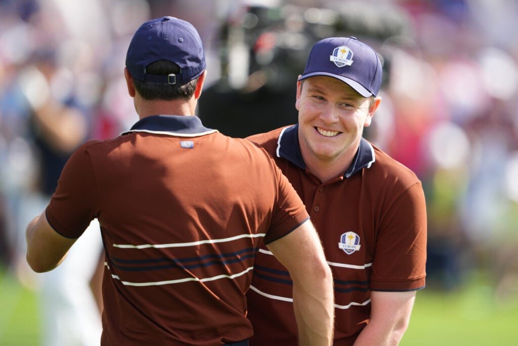 Viktor Hovland and Robert MacIntyre on the 15th hole during the Saturday Foursomes at the Ryder Cup at Bethpage Black