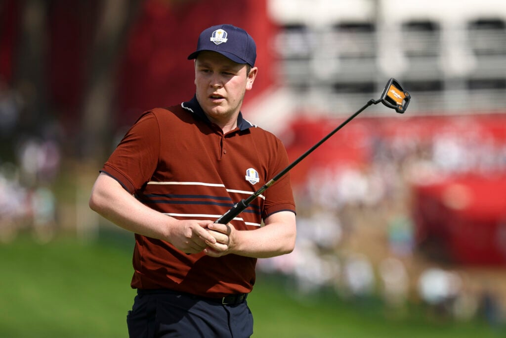Robert MacIntyre of Team Europe on the 18th green during the Saturday foursomes matches at the 2025 Ryder Cup at Bethpage Black