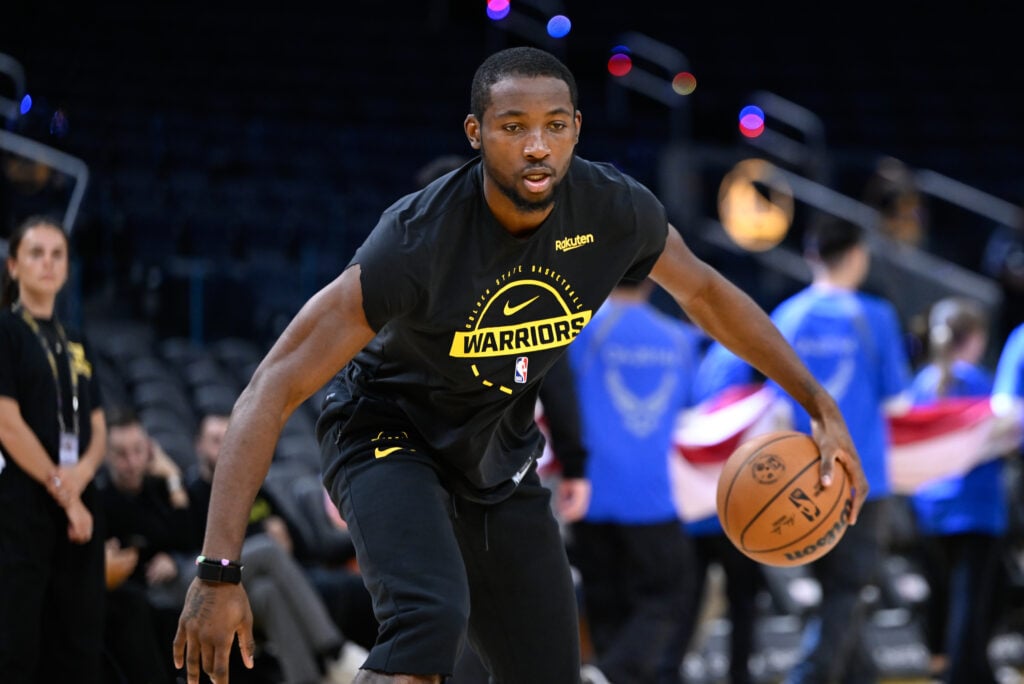 Jonathan Kuminga of Warriors warms up before the NBA game 5 between Indiana Pacers and Golden State Warriors at Chase Center