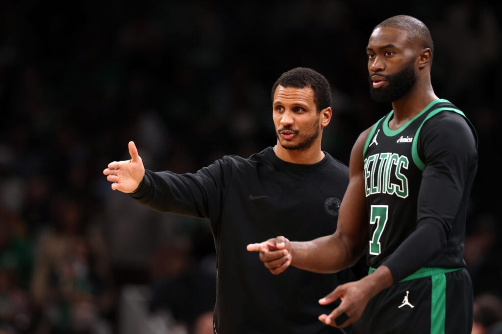 Jaylen Brown #7 of the Boston Celtics talks with head coach Joe Mazzulla during the second half against the Los Angeles Clippers at TD Garden.