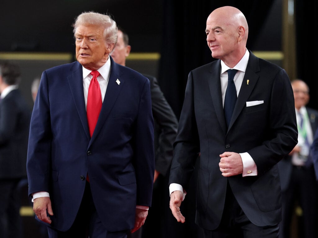 U.S. President Donald Trump and Gianni Infantino, President of FIFA, attend the red carpet prior to the FIFA World Cup 2026 Official Draw at John F. Kennedy Center for the Performing Arts on December 05, 2025 in Washington, DC.