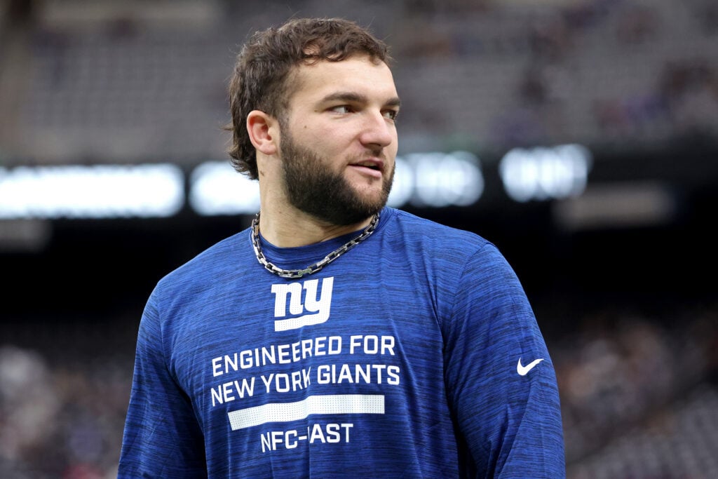 Cam Skattebo #44 of the New York Giants looks on prior to the game against the Las Vegas Raiders at Allegiant Stadium.