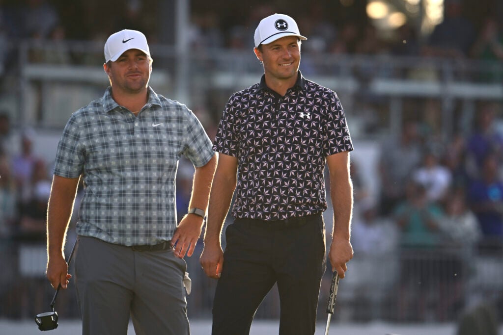 Chris Gotterup and Jordan Spieth during the second round of the WM Phoenix Open