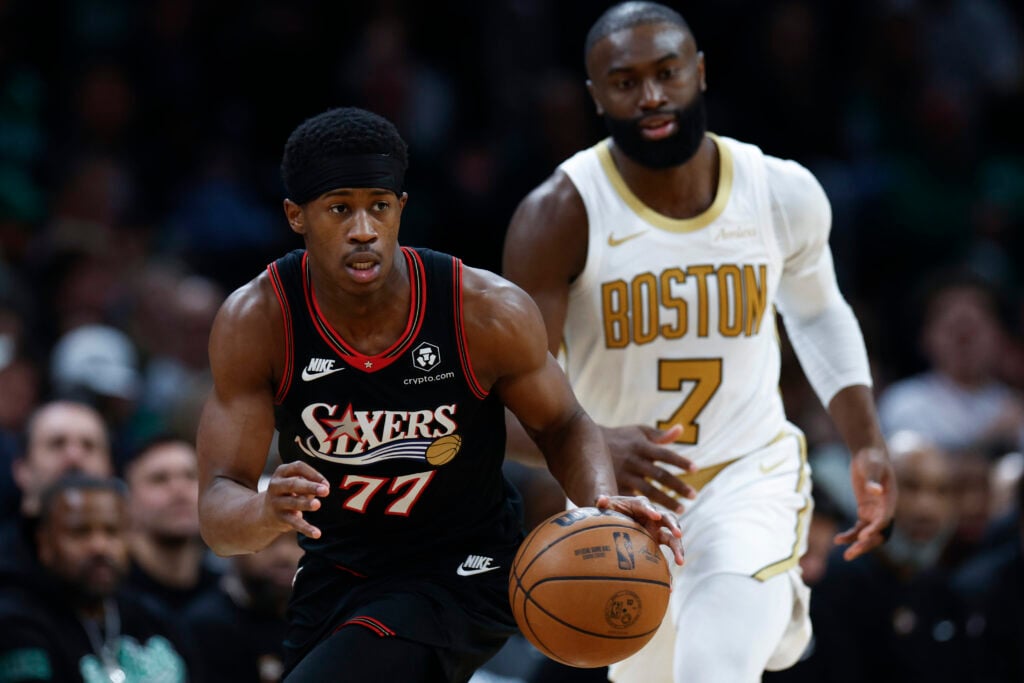 Philadelphia 76ers guard VJ Edgecombe steals the ball from Boston Celtics guard Jaylen Brown in the third quarter. The Celtics played the 76ers at TD Garden on March 1, 2026.