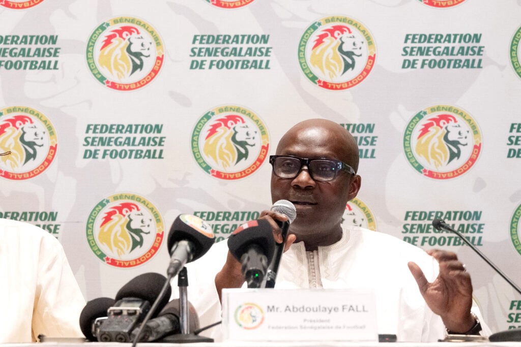 The president of the Senegalese Football Federation Abdoulaye Fall speaks during a press conference in Dakar on March 19, 2026. The Senegalese Football Federation.
