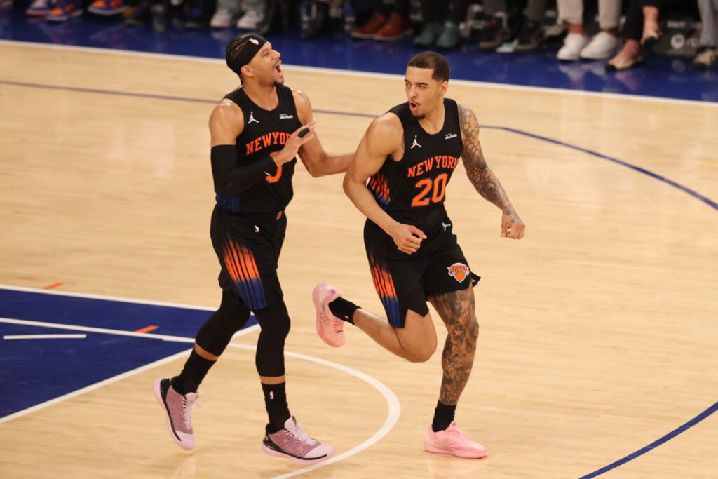 Josh Hart #3 and Jeremy Sochan #20 of the New York Knicks react after Sochan dunked the ball during the second quarter against the Chicago Bulls at Madison Square Garden.