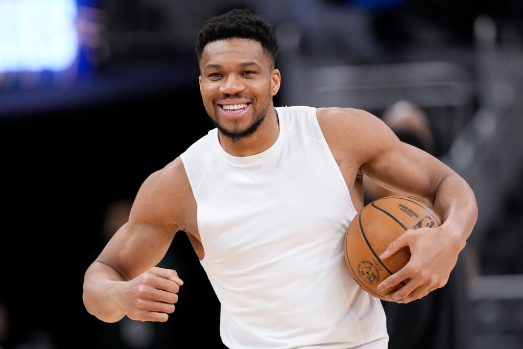Giannis Antetokounmpo #34 of the Milwaukee Bucks works out before the game against the Milwaukee Bucks