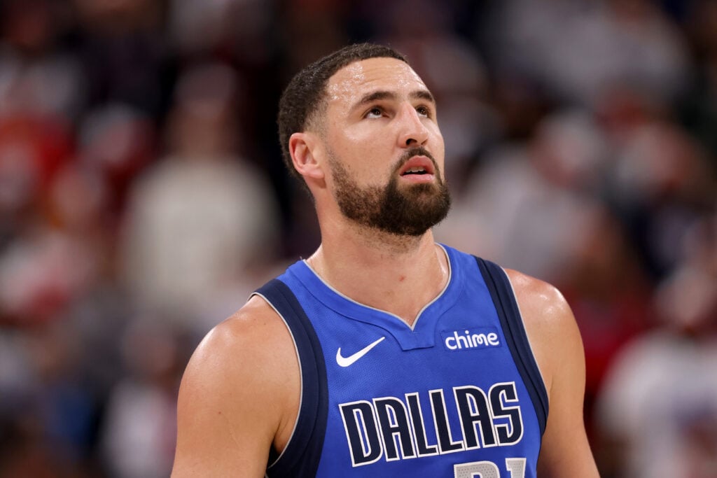 Klay Thompson #31 of the Dallas Mavericks looks on during the first quarter of an NBA game against the Los Angeles Clippers at Intuit Dome