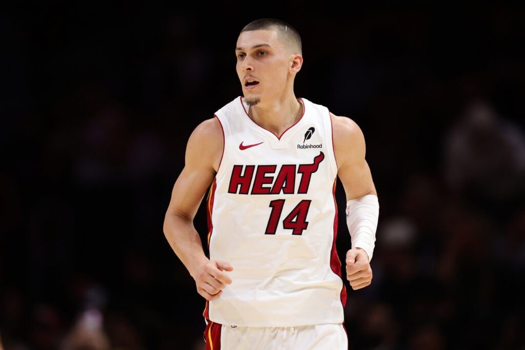 Tyler Herro #14 of the Miami Heat looks on against the Atlanta Hawks during the second quarter of the game at Kaseya Center.