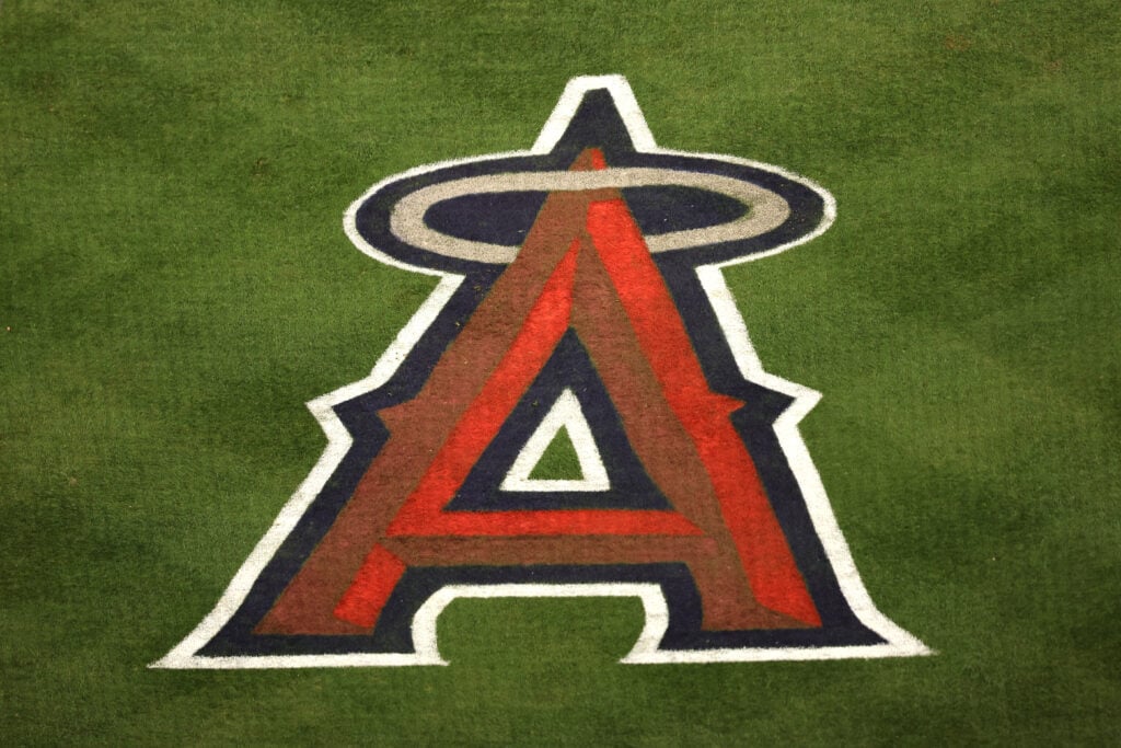 A detail view of the Angels logo on the field at Angel Stadium of Anaheim on April 20, 2026 in Anaheim, California.